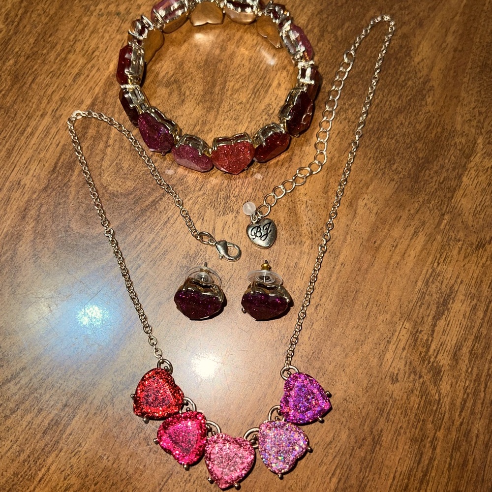 Betsey Johnson Glitter Hearts Necklace, Bracelet & Heart Earrings Set
